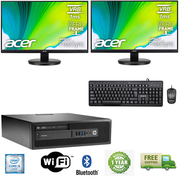 Advanced Business Setup - HP 800 G2 SFF Ex Lease Desktop PC i5 6th Gen 16GB RAM 240GB SSD Windows 10 Pro Includes 2 x 24" New Monitors with New Wired Keyboard Mouse and WIFI Ready - PC Traders Ltd